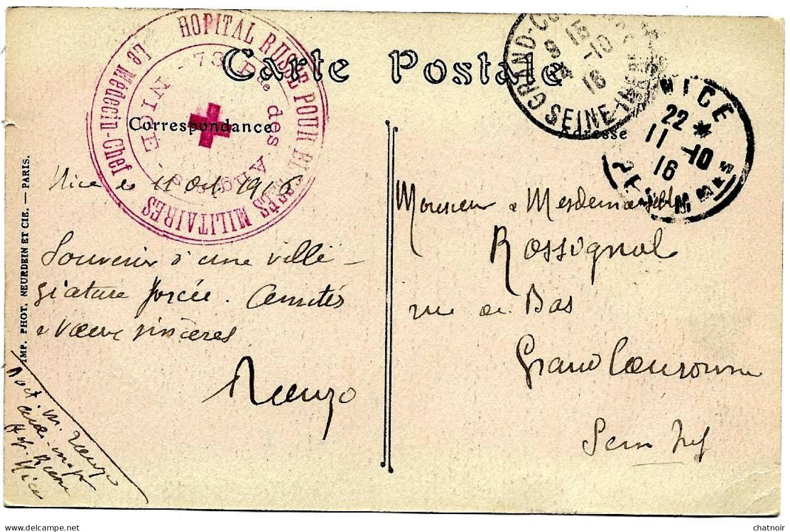 Sur  CP De NICE /   Cachet  "   Hopital Russe Pour Blessés Militaires  NICE   "  1916 - 1914-18