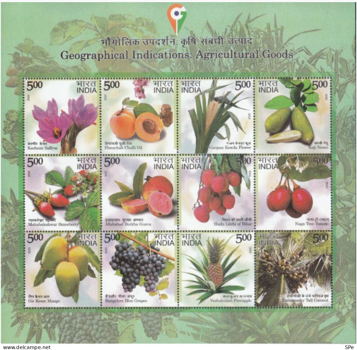 India 2023 Agricultural Geographical Goods Fruits Flowers Trees Set Of 12 Stamps In Sheetlet MNH - Hojas Bloque