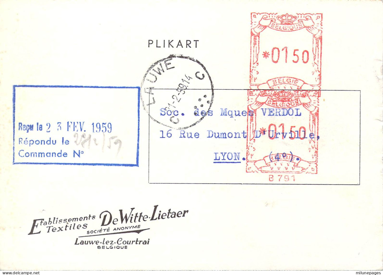 Belgique EMA Rouge 1f50 + 1f50 Etablissements Textiles De Witte-Lietaer à Lauwe Lez Courtrai 1959 - ...-1959