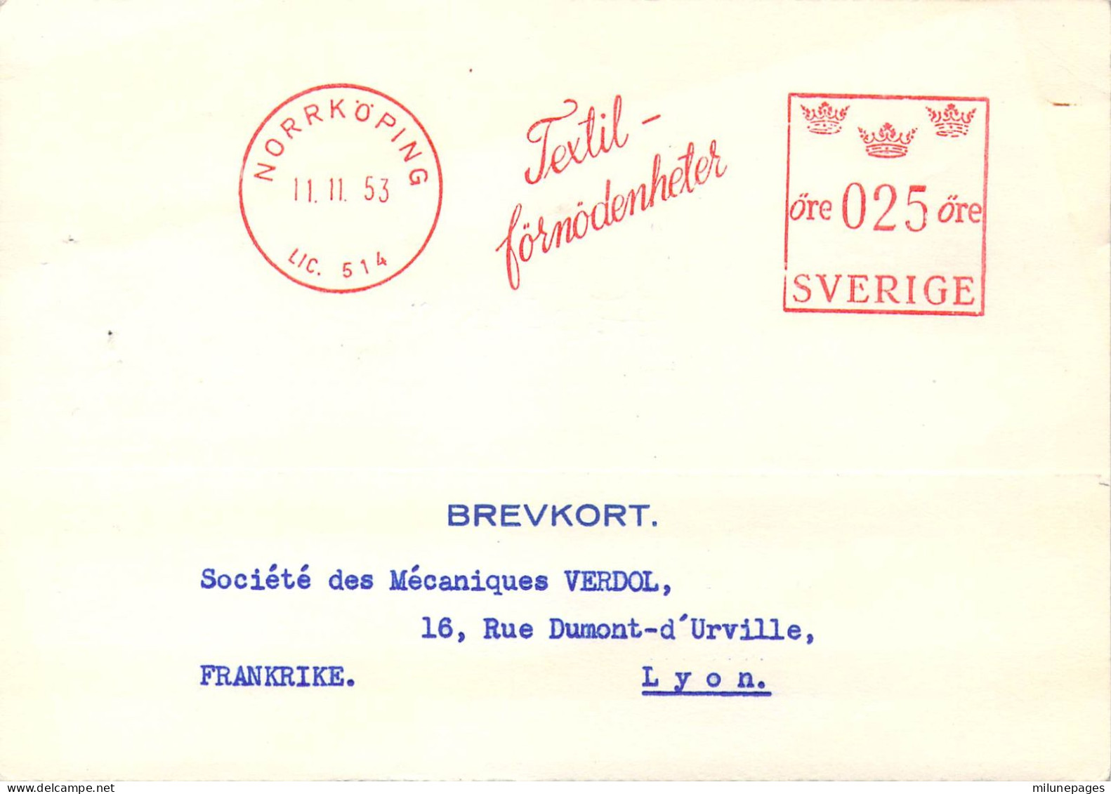 Suède Sverige EMA Rouge 25 öre Textil-förnödenheter P.A.Enhörning & Co Norrköping 1953 - Autres & Non Classés