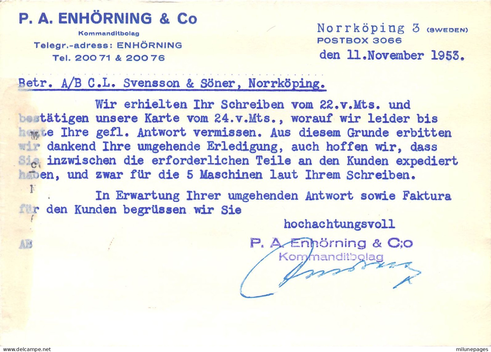 Suède Sverige EMA Rouge 25 öre Textil-förnödenheter P.A.Enhörning & Co Norrköping 1953 - Otros & Sin Clasificación