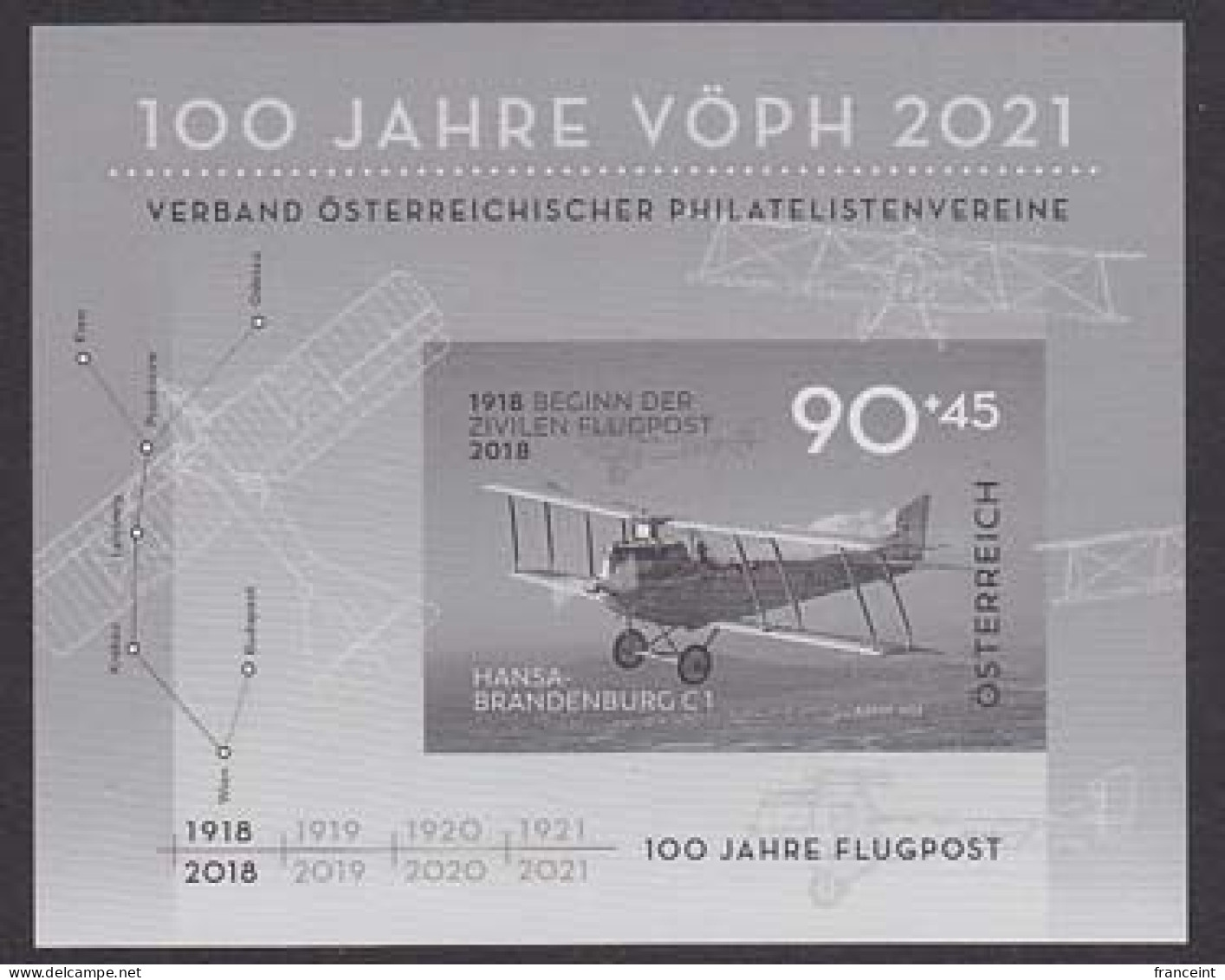 AUSTRIA(2018) Hansa-Brandenburg C1 Plane. Black Print Of S/S. 100 Years Of Airmail Service. - Proeven & Herdruk