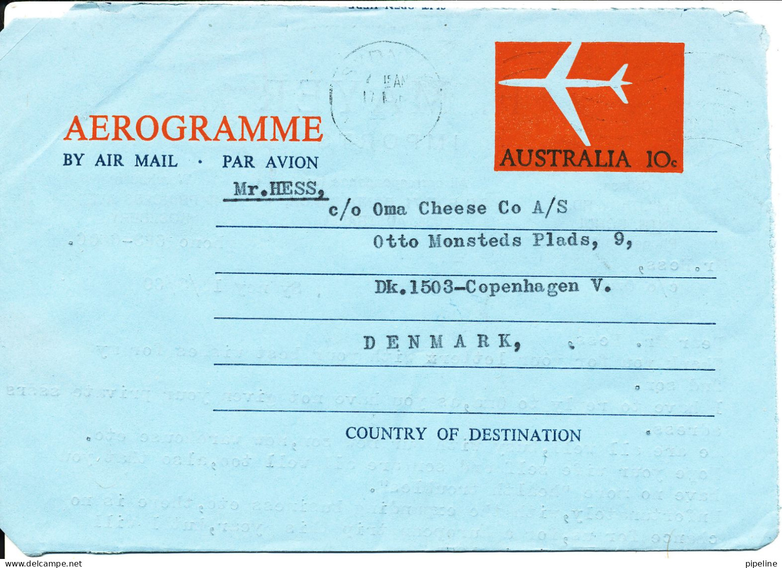 Australia Aerogramme Sent To Denmark 16-3-1969 - Aerogrammi