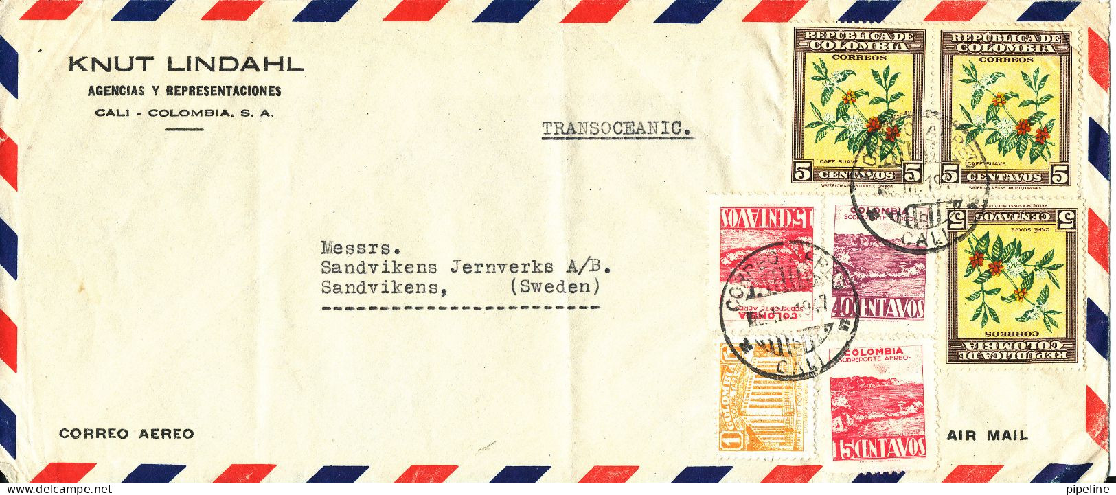 Colombia Air Mail Cover Sent TRANSOCEANIC To Sweden 6-7-1947 Good Franked Light Bended - Colombie