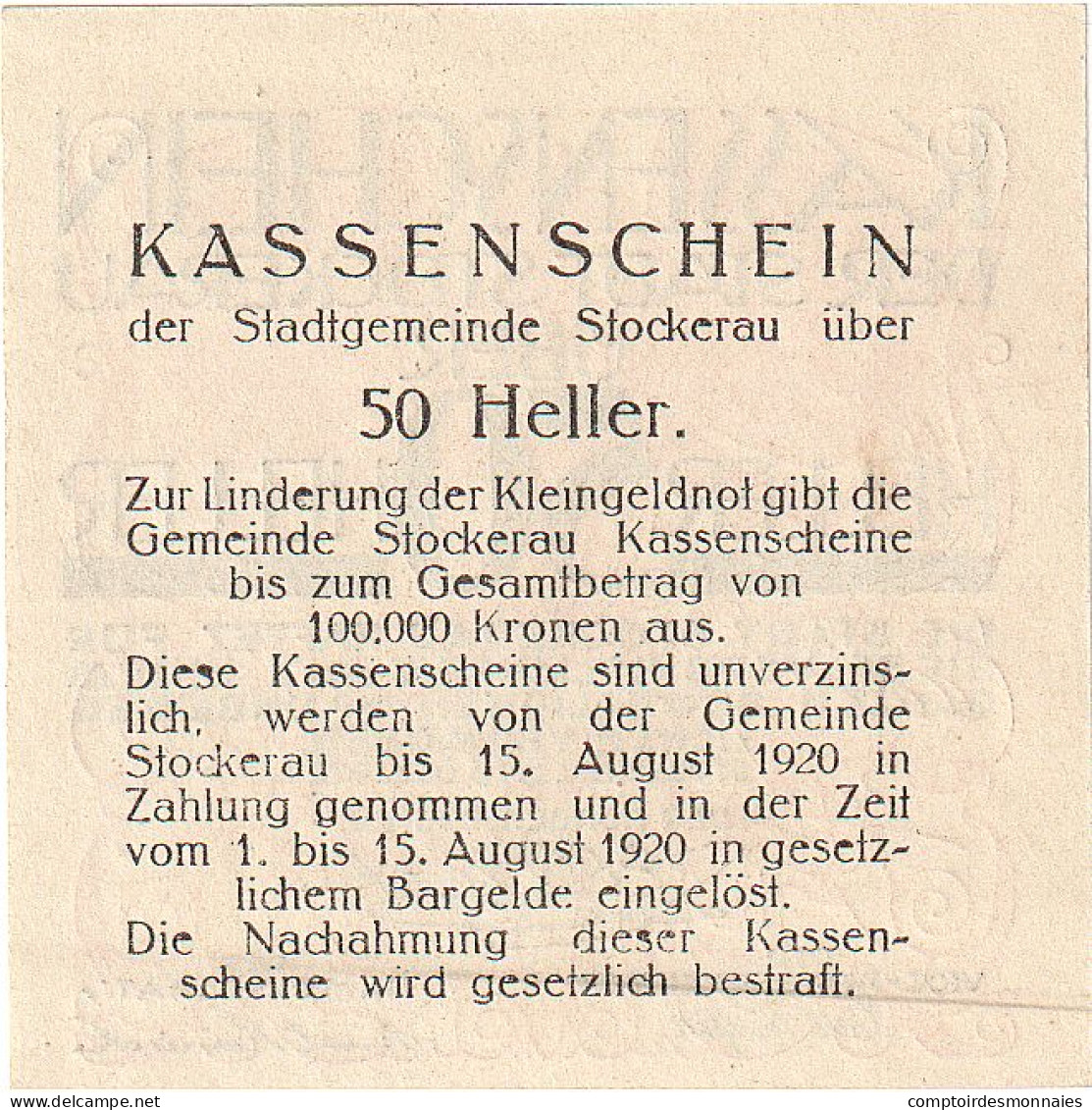 Billet, Autriche, Stockerau, 50 Heller, Texte 1920-08-15, SPL, Mehl:FS 1038 - Oesterreich