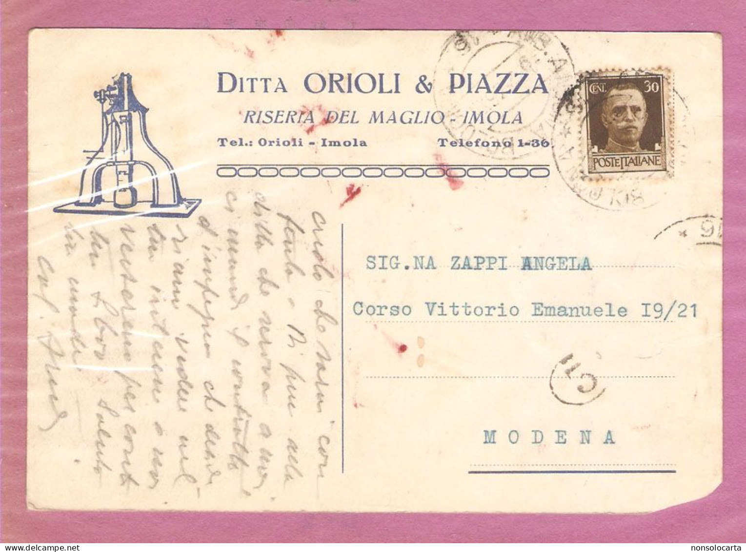 IMOLA_Cart. Comm.le DITTA ORIOLI & PIAZZA_Viag Fg 1936_Riserva Del Maglio - Imola