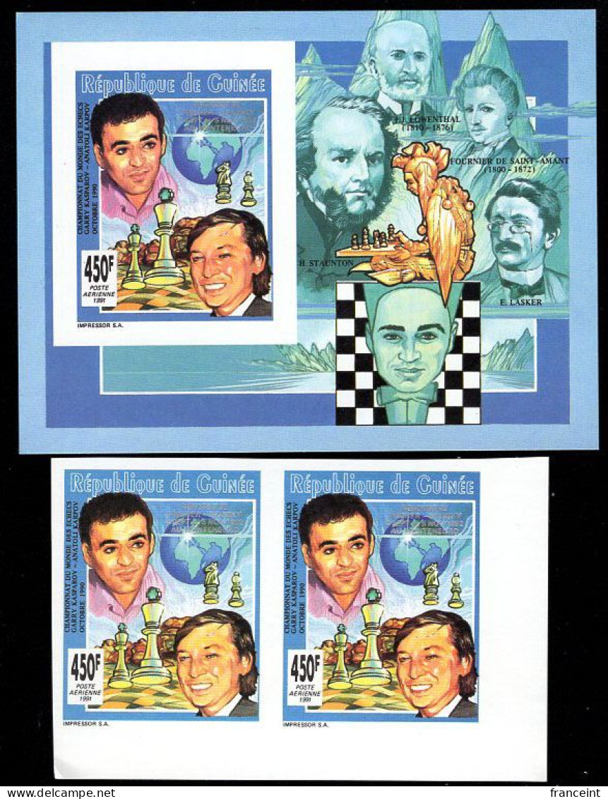 GUINEA(1992) Karpov. Kasparov. Imperforate Pair + Imperf Minisheet. Scott No 1195. - Echecs