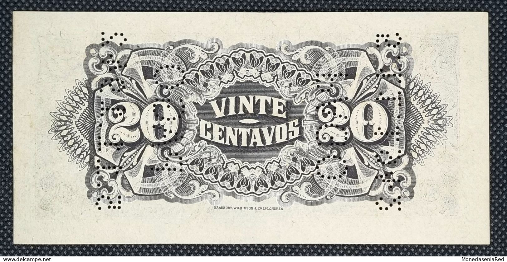 MOZAMBIQUE 20 CENTAVOS AÑO 1933 PERFORADO SC / UNC P-R29 (VER FOTOS) - Mozambique