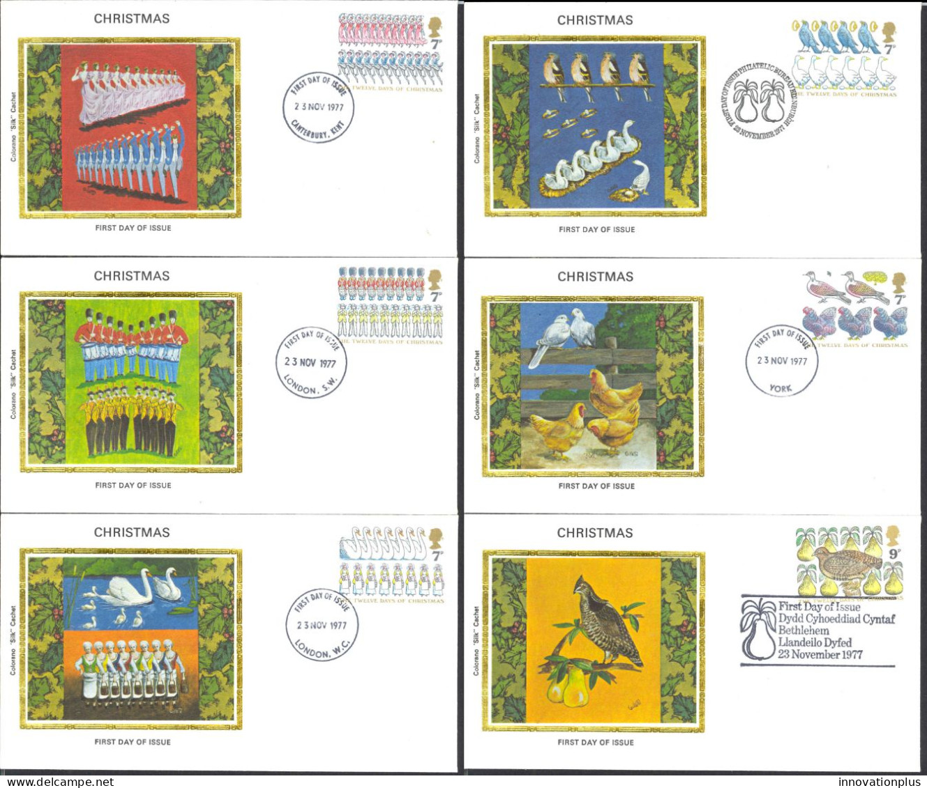 Great Britain Sc# 821-826 (Colorano Silk Cachets) FDC Set/6 1977 Christmas - 1971-1980 Decimal Issues