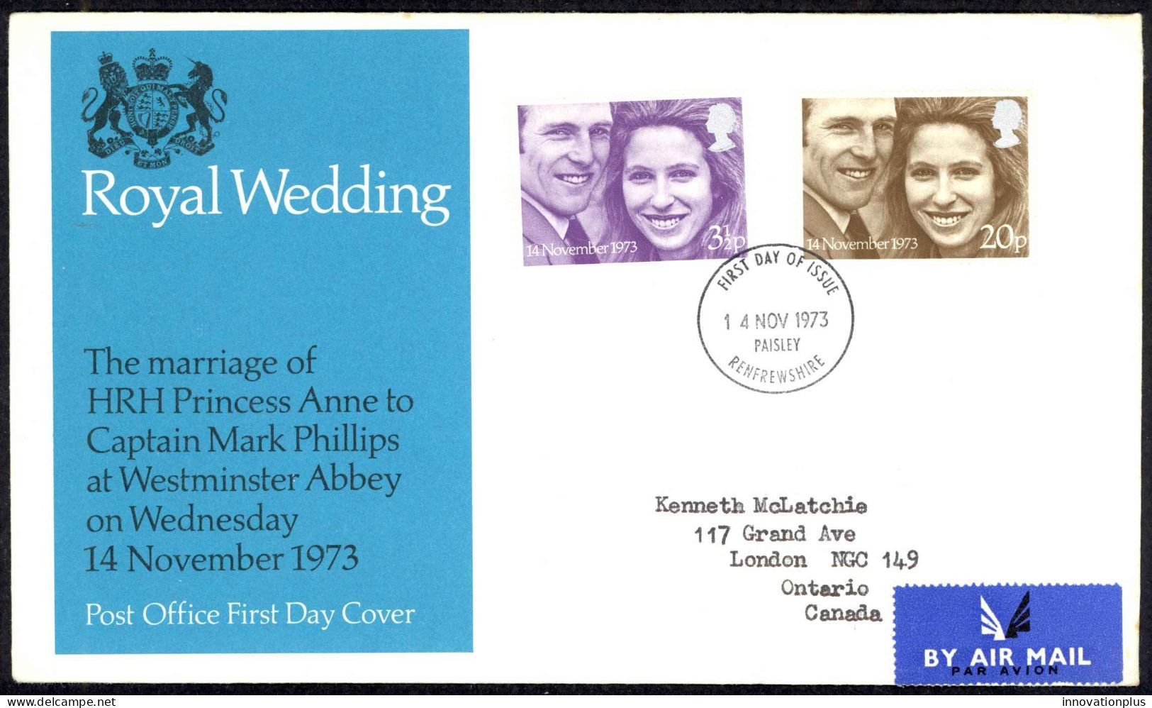 Britain Sc# 707-708 (Paisley, Renfrewshire) FDC (b) 1973 11.14 Royal Wedding - 1971-1980 Decimal Issues