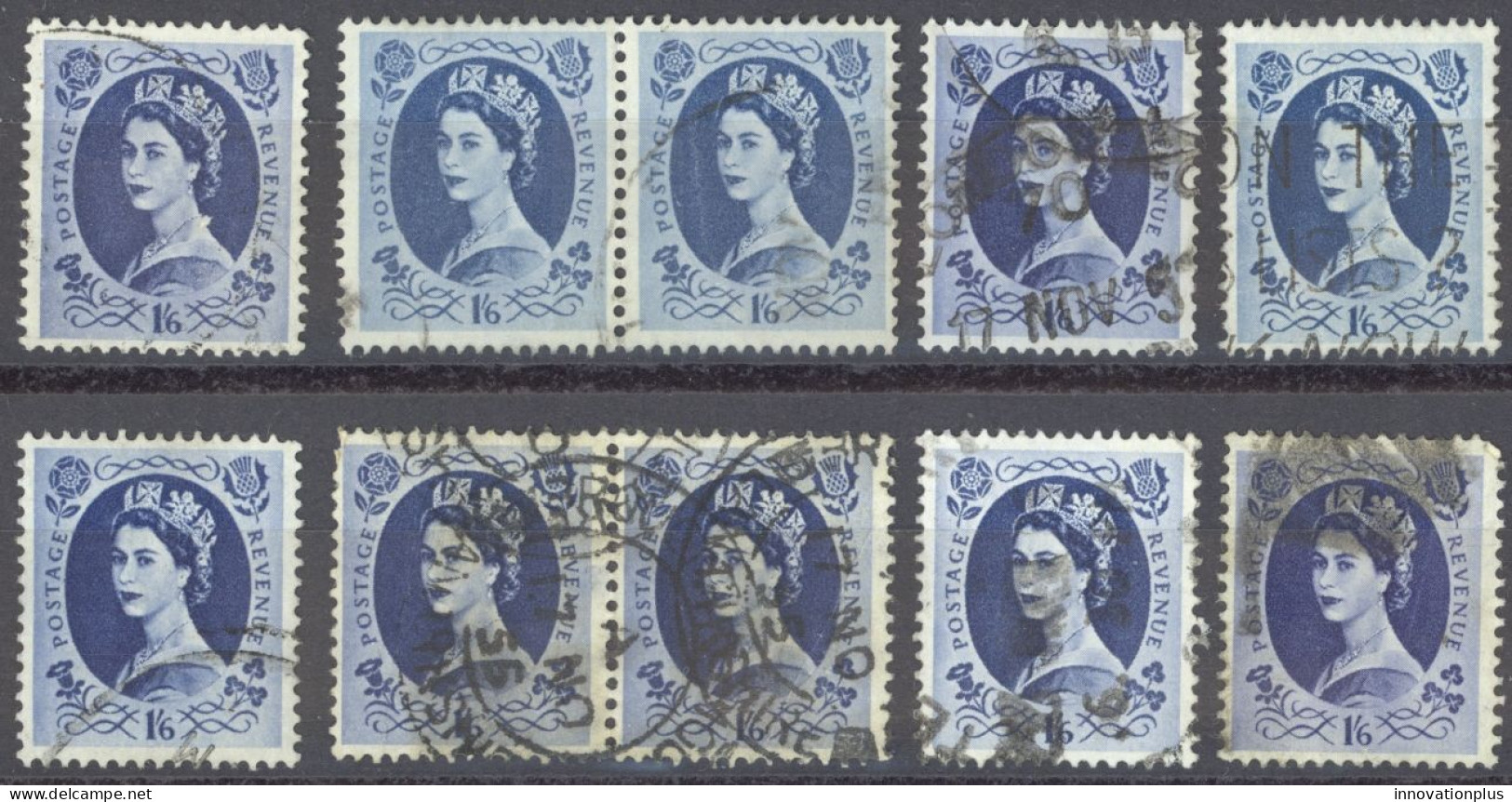 Great Britain Sc# 308 SG# 531 Used Lot/10 1953 1sh6p Dark Blue Queen Elizabeth - Usati