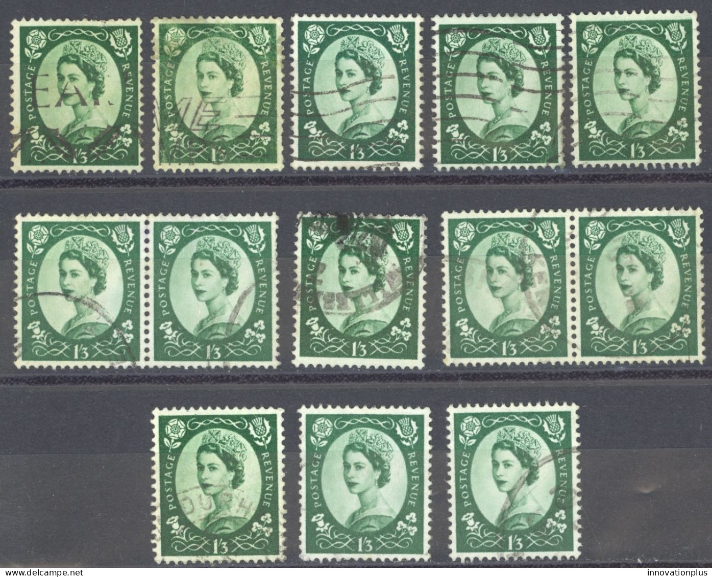 Great Britain Sc# 307 SG# 530 Used Lot/13 1953 1sh3p Dark Green Queen Elizabeth - Usati