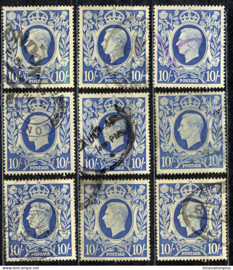 Great Britain Sc# 251A Used Lot/9 1942 10sh Ultra King George VI - Used Stamps