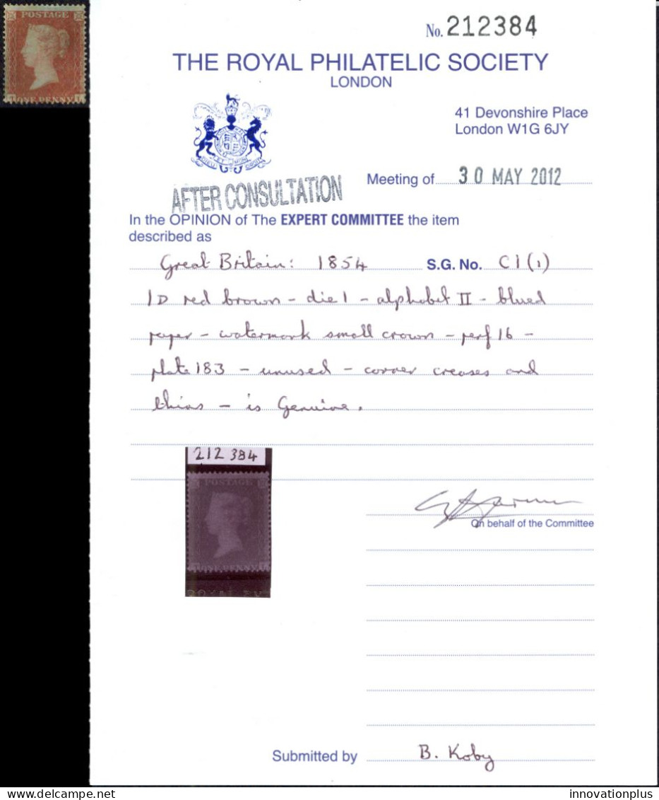 Great Britain Sc# 8 SG# C1 (1) C Plate 183 MH RPSL Certificate - Ungebraucht