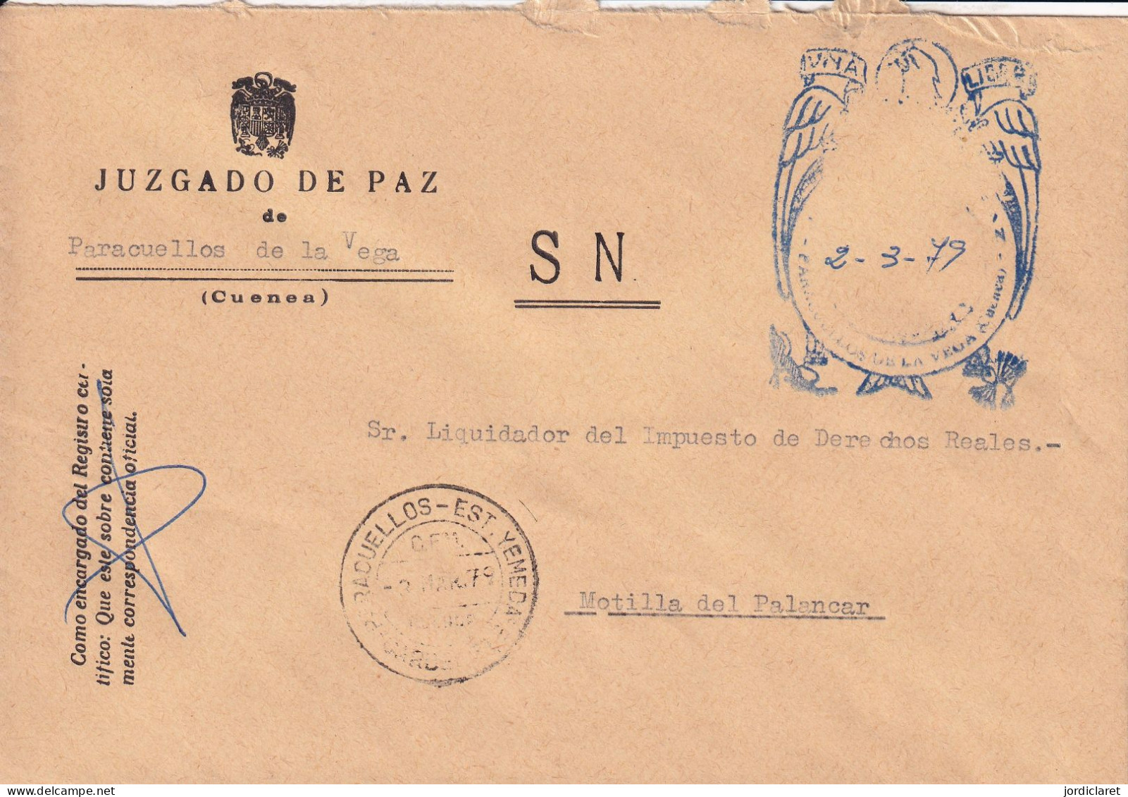 JUZGADO DE PAZ   PARACUELLOS DE LA VEGA     CUENCA 1979 - Franchise Postale