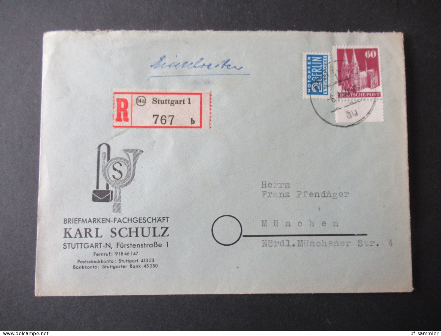 Bizone Bauten Mi.Nr.93 Unterrand EF Einschreiben Stuttgart 1 - München Umschlag Briefmarken Fachgeschäft Karl Schulz - Covers & Documents