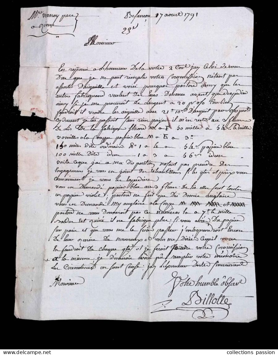 Lettre, Préphilatélie, Précurseurs XVIII E Siècle, 1791, BESANCON à RIOM, 2 Scans - 1701-1800: Précurseurs XVIII