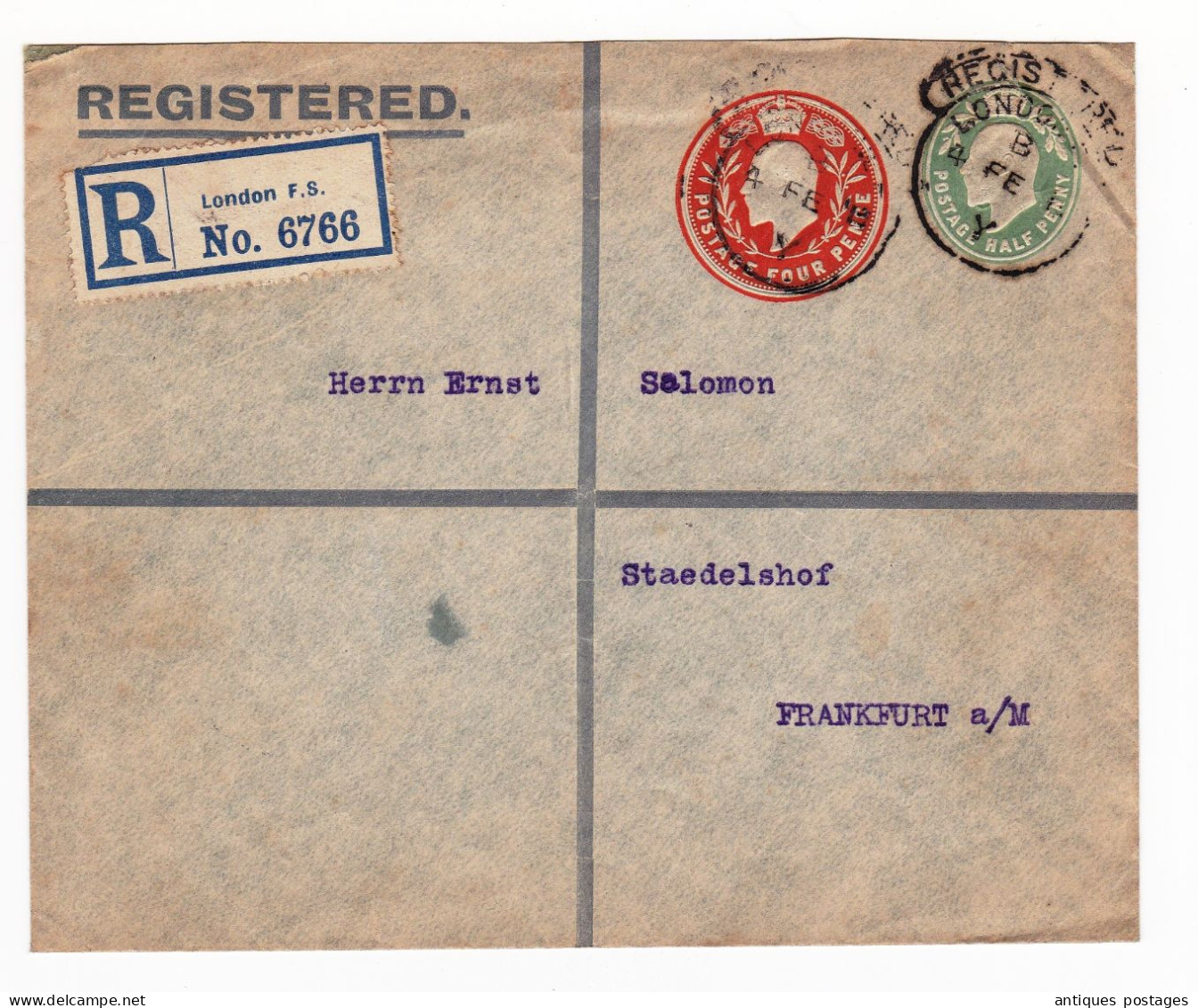 Registered 1911 London England Postal Stationery King Edward VII Frankfurt Deutchland Ernst Salomon Germany - Postwaardestukken