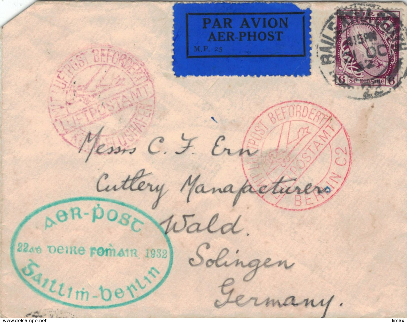 Galway 1932 First Flight Experimental Air Mail Via Dublin-Berlin > Ern Rasiermesser-herst. Solingen - Luftpost - Schwert - Brieven En Documenten