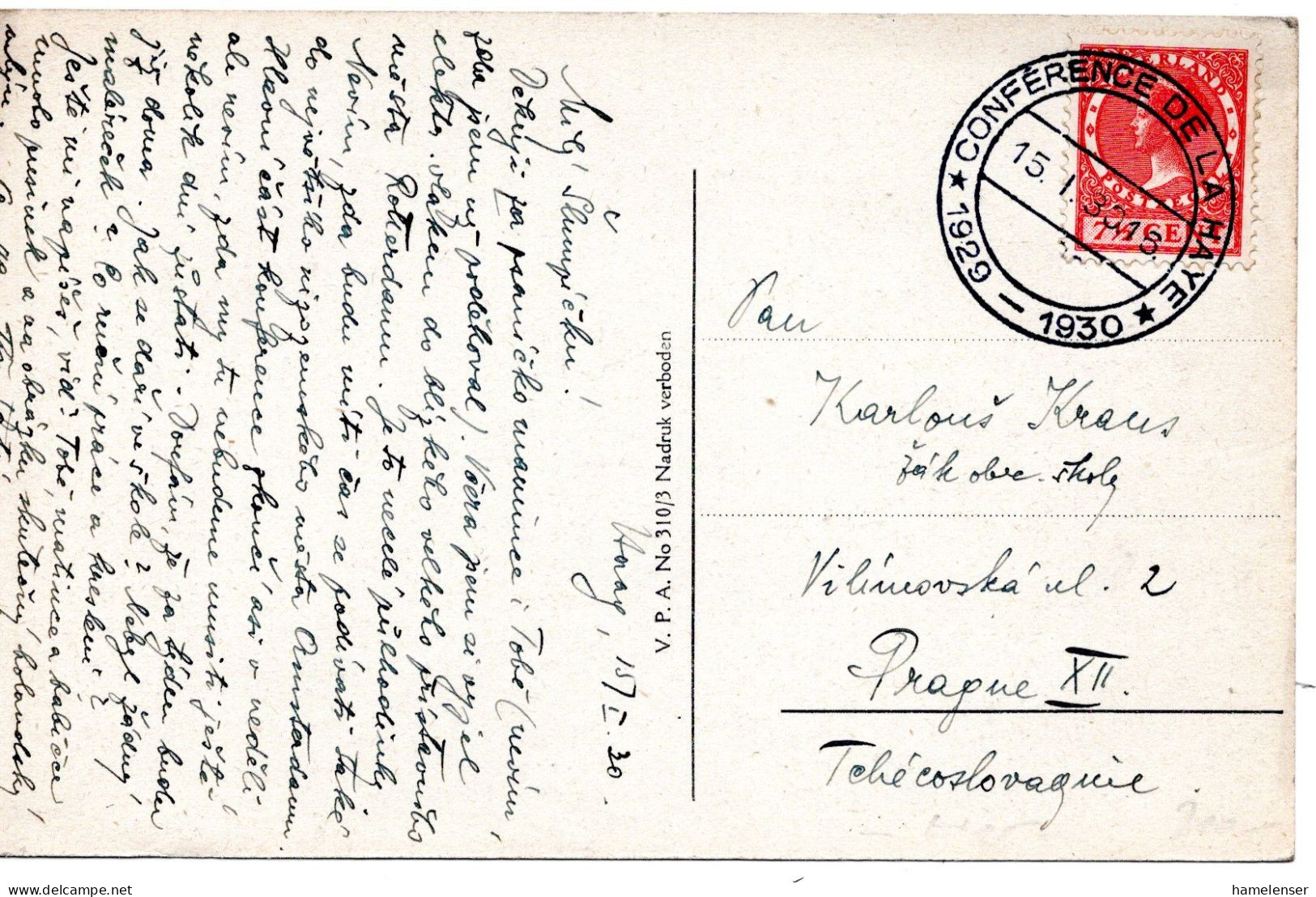 61197 - Niederlande - 1930 - 7.5c Wilhelmine EF A AnsKte SoStpl CONFERENCE DE LA HAYE -> Tschechoslowakei - Brieven En Documenten