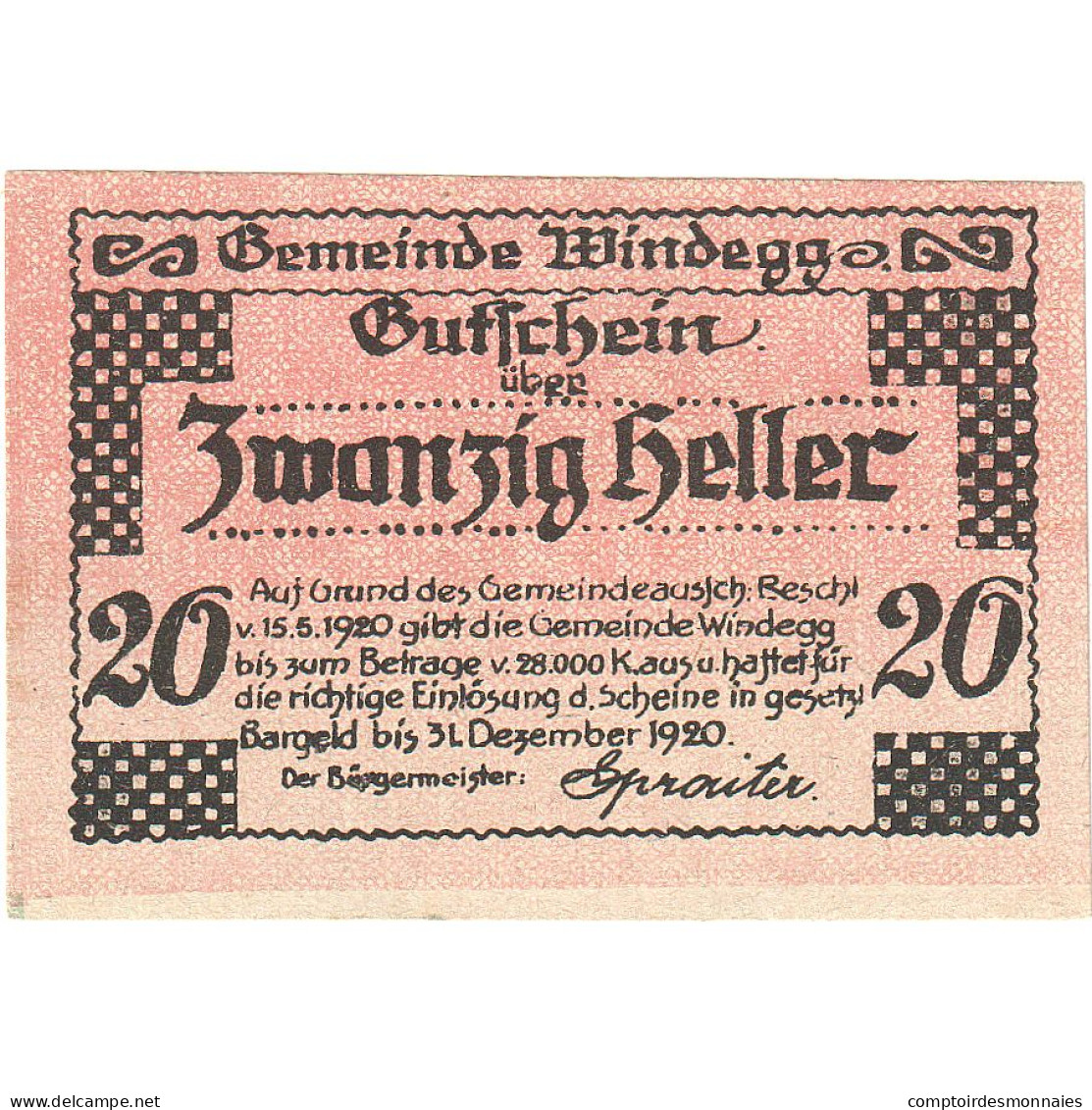 Billet, Autriche, Windegg, 20 Heller, Paysage 1921-12-31, SPL Mehl:FS 1241Ia - Oesterreich