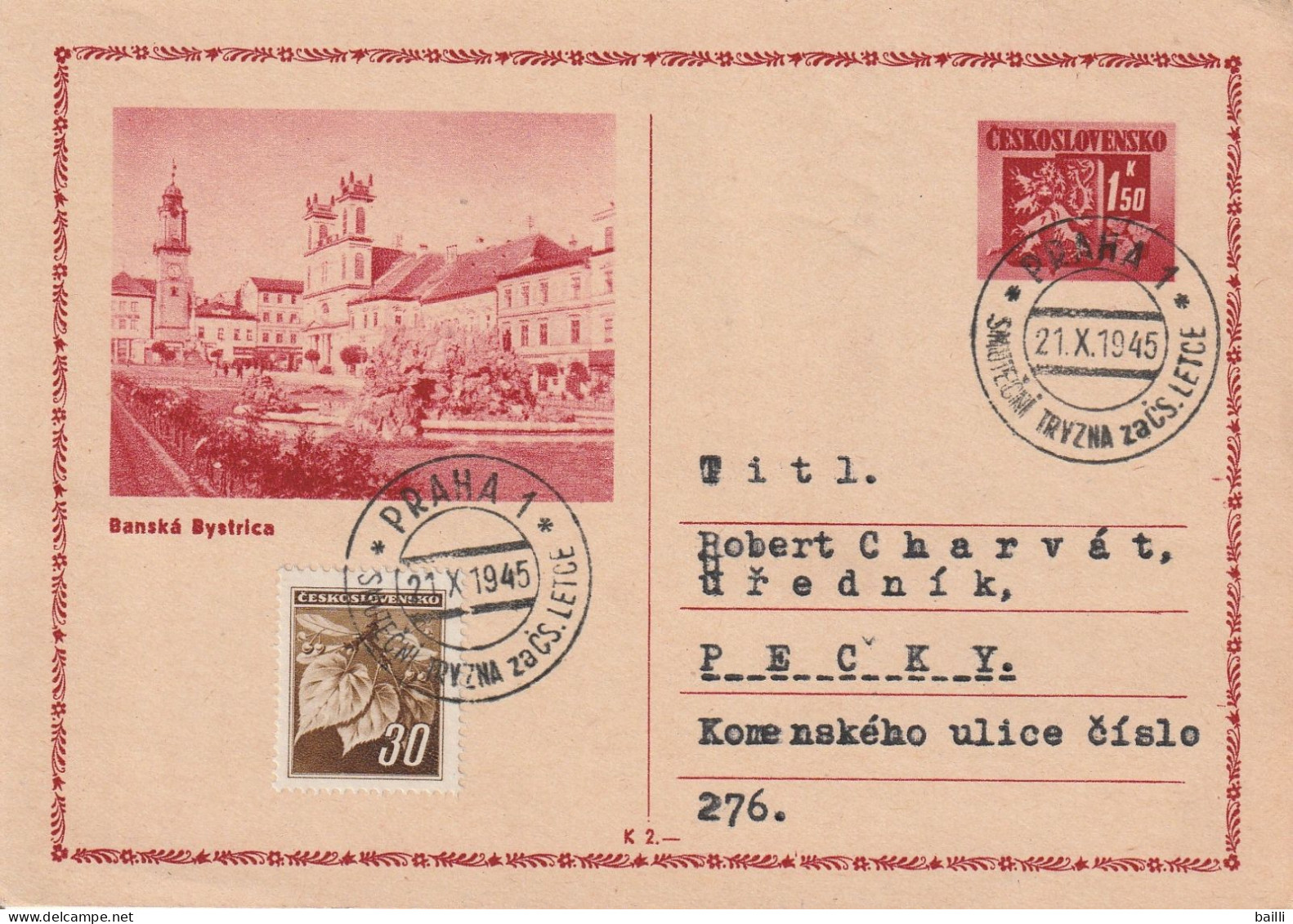 Tchécoslovaquie Entier Postal  Illustré Praha 1945 - Cartes Postales