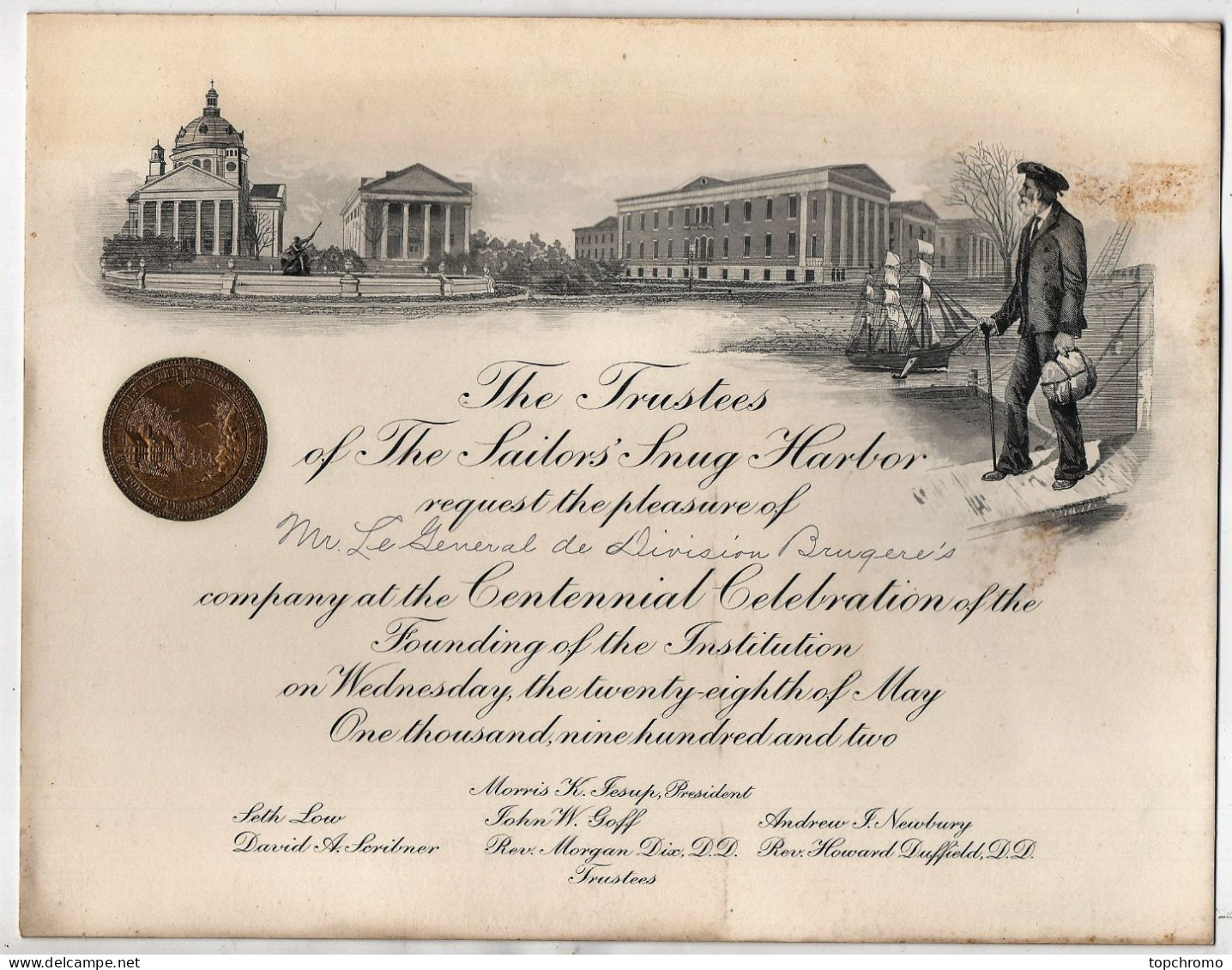 1901 Carte D'invitation Célébration Du Centenaire De La Fondation New York Sailors'snug Harbor Maisons  Retraite Marins - Cartas Náuticas