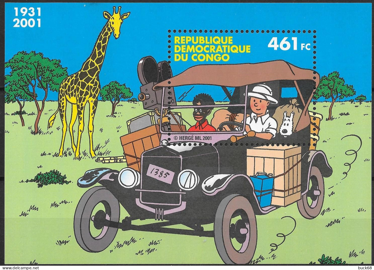 CONGO République Démocratique Bloc 67 COB BL205 ** TINTIN MILOU KUIFJE HERGE Tintin Au CONGO Ford Modèle T 2001 - Mint/hinged