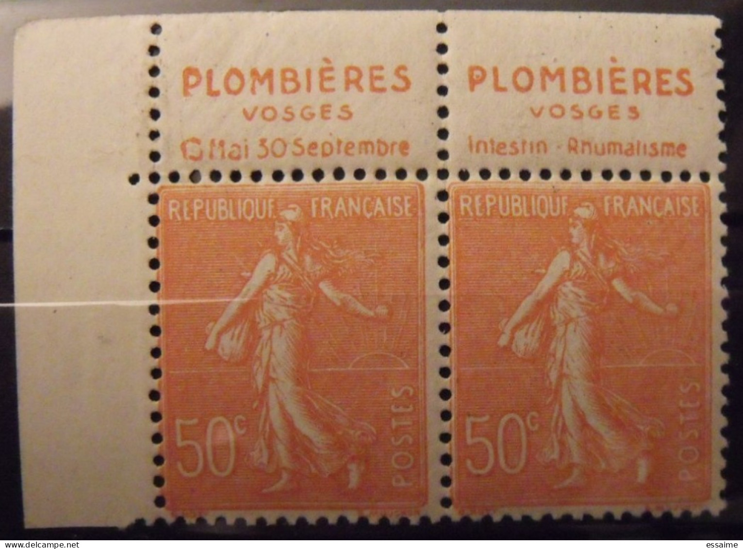 2 Timbres à Bande Publicitaire. Semeuse N° 199. 50 C. Pub Publicité Publicitaires Carnet. Plombières Neuf** - Autres & Non Classés