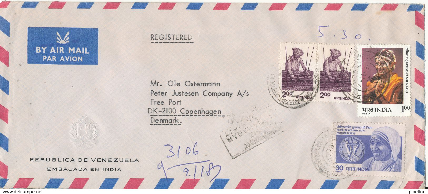 India Registered Air Mail Cover Sent To Denmark 9-11-1981 Topic Stamps (sent From The Embassy Of Venezuela India) - Poste Aérienne