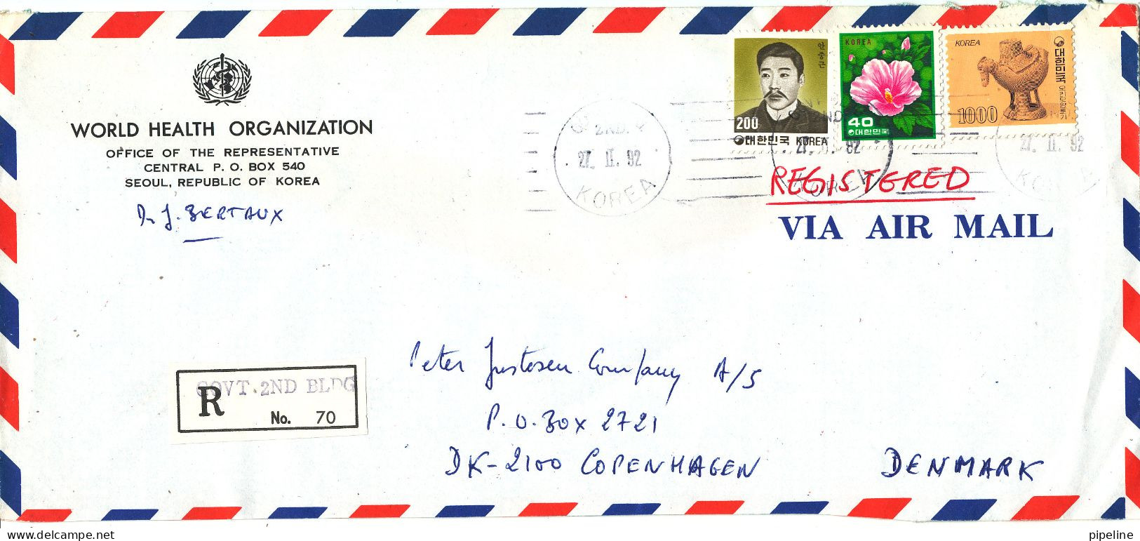 Korea South Registered Air Mail Cover Sent To Denmark 27-2-1992 Topic Stamps (sent From WHO Seoul) - Corée Du Sud