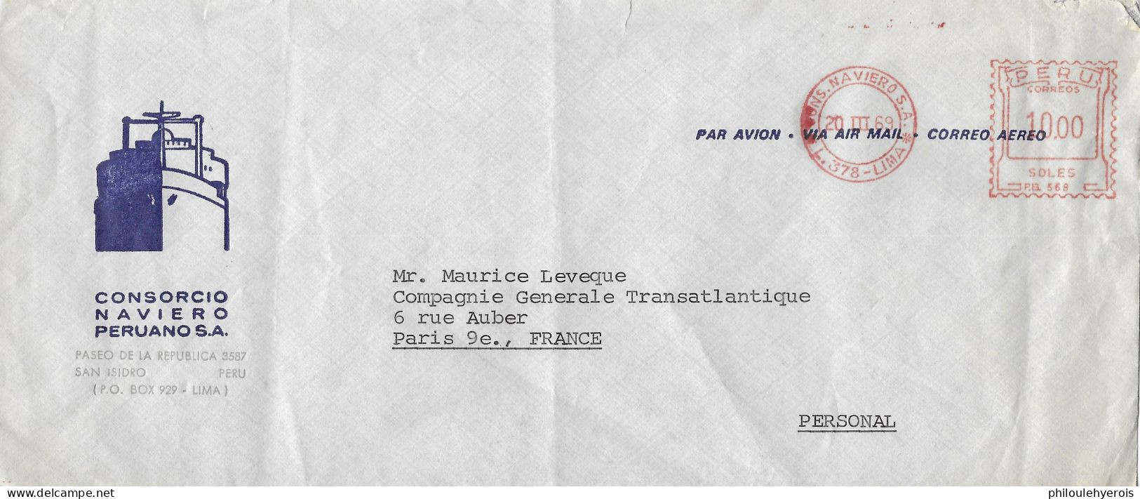 PEROU 1969 Lettre Pour La Cie Gle TRANSATLANTIQUE Secteur Sud Pacifique Bateaux - Sonstige & Ohne Zuordnung