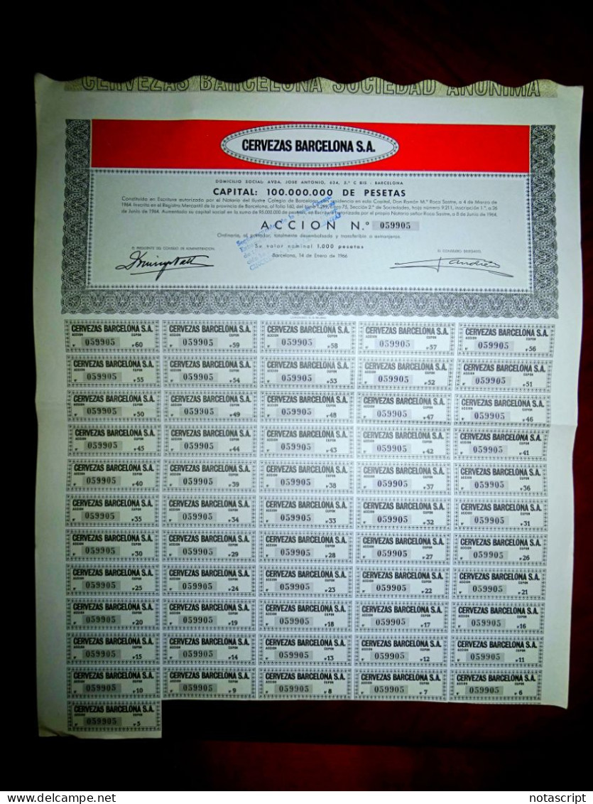 Cervezas Barcelona SA , Barcelona  Brewery 1966 ,share Certificate - Industrie