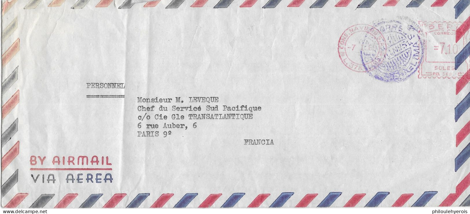 PEROU 1969 Lettre Pour La Cie Gle TRANSATLANTIQUE Secteur Sud Pacifique Bateaux - Autres & Non Classés