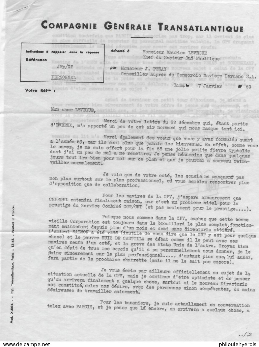 PEROU 1969 Lettre Pour La Cie Gle TRANSATLANTIQUE Secteur Sud Pacifique Bateaux - Other & Unclassified