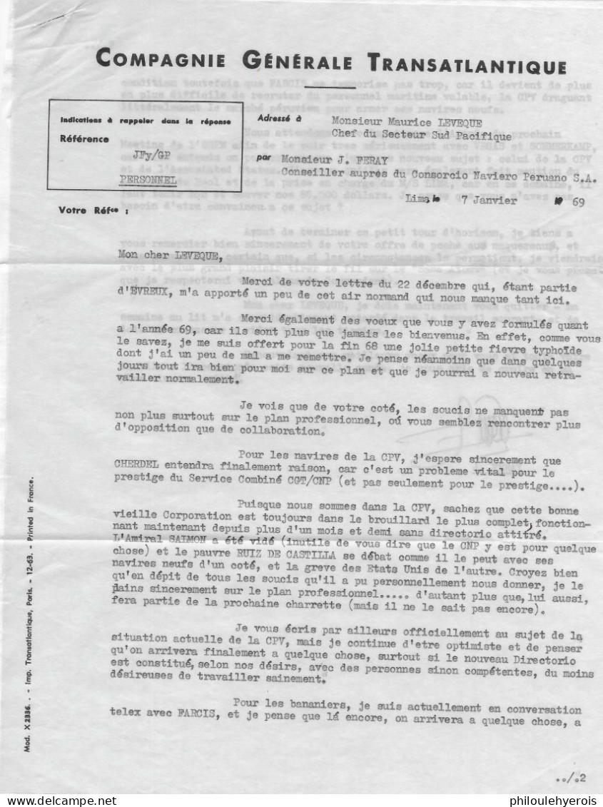 PEROU 1969 Lettre Pour La Cie Gle TRANSATLANTIQUE Secteur Sud Pacifique Bateaux - Sonstige & Ohne Zuordnung