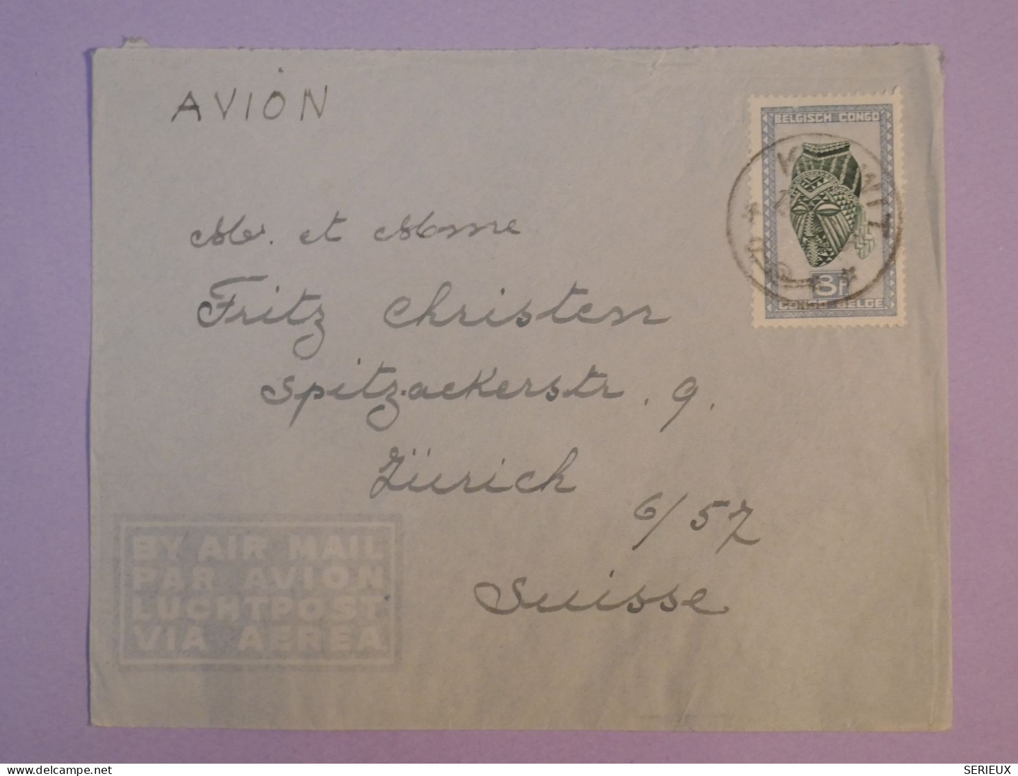 AG48  CONGO BELGE BELLE LETTRE  1935  ASSEZ  RARE DESTINATION  A  ZURICH SUISSE    +AFF. INTERESSANT++ + - Briefe U. Dokumente