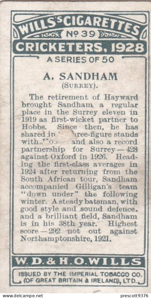 Cricketers 1928 - Wills Cigarette Card - 39 A Sandham, Surrey - Wills