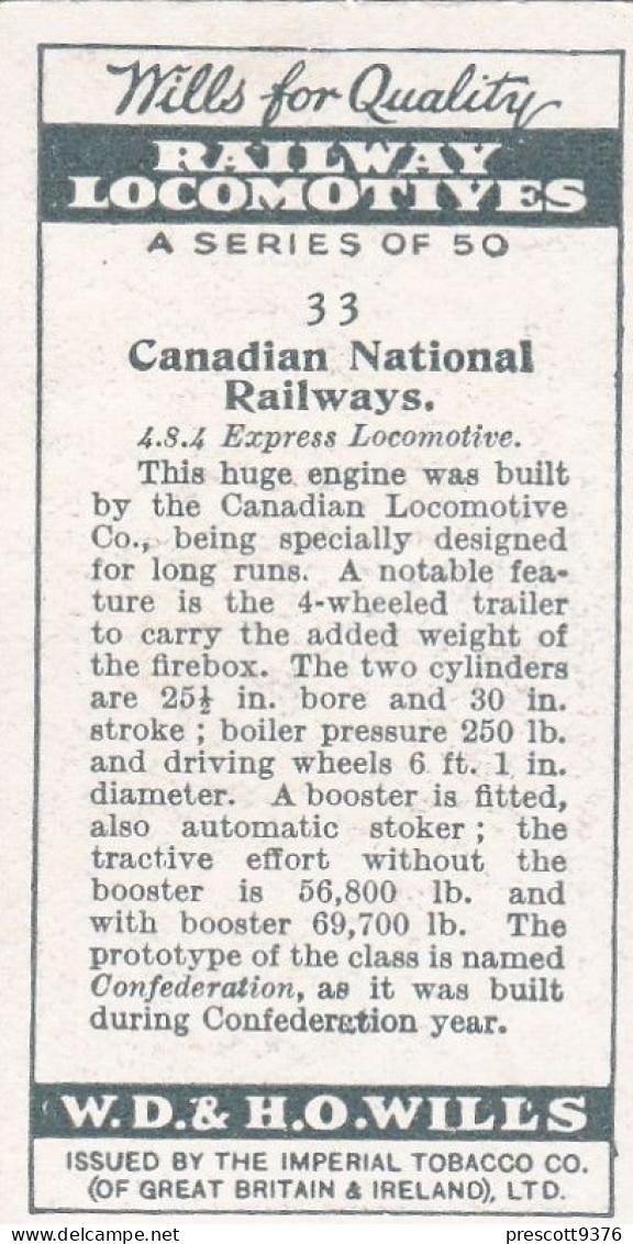 Railway Locomotives 1930  - Wills Cigarette Card - 33 Canadian National Railways - Wills