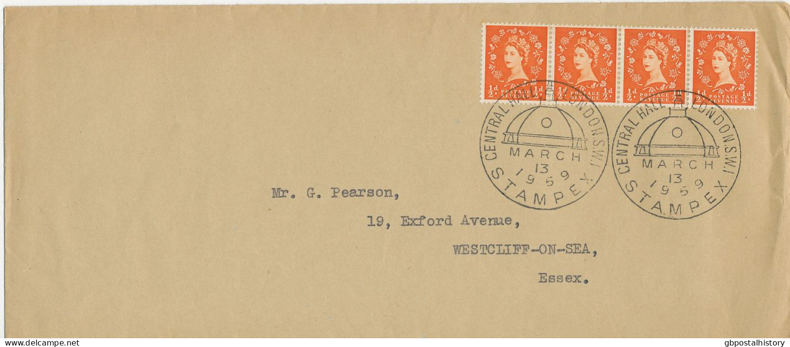 GB SPECIAL EVENT POSTMARKS 1959 STAMPEX CENTRAL HALL LONDON S.W.I. ADDRESSED TO GEORGE PEARSON - Storia Postale