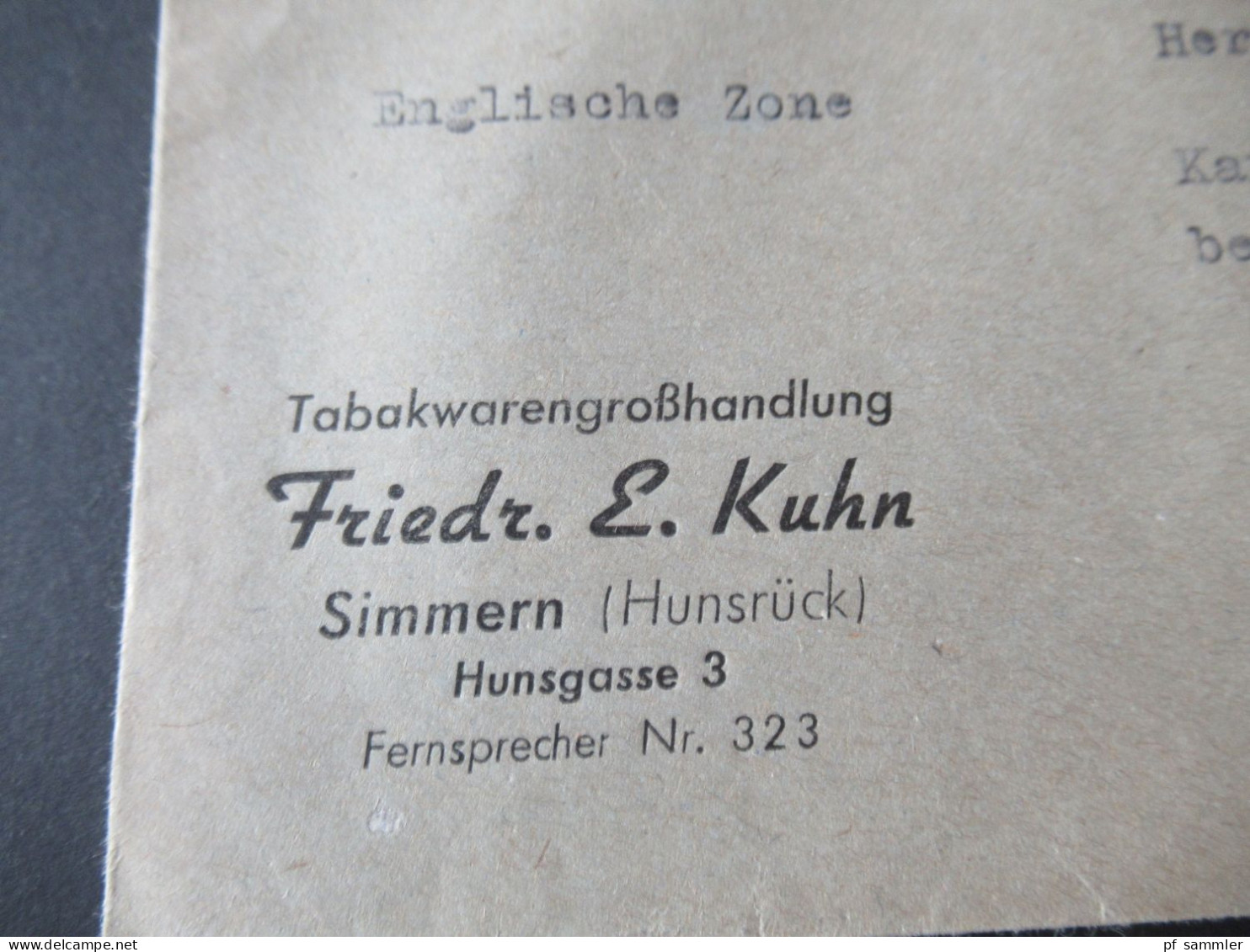 Französische Zone 2.2.1946 Roter Ra1 Gebühr Bezahlt Und Tagesstempel Simmern (Hunsrück) Tabakwarengroßhandlung Kuhn - Emissions Générales