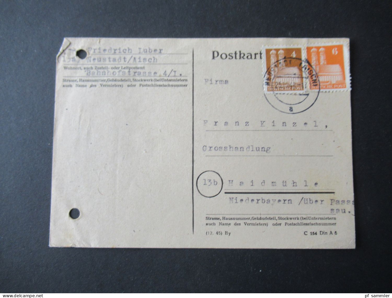 Bizone 1948 Bauten MiF Tagesstempel Neustadt (Aisch) Nach Haidmühle Niederbayern über Passau / Inhalt Puppenlieferung - Storia Postale