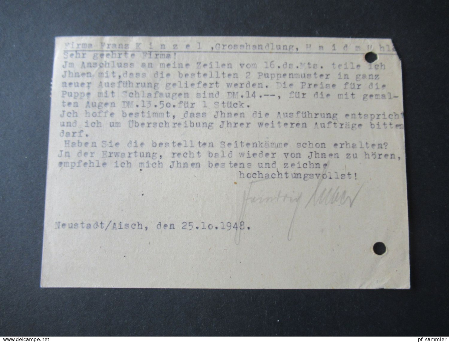 Bizone 1948 Bauten MiF Tagesstempel Neustadt (Aisch) Nach Haidmühle Niederbayern über Passau / Inhalt Puppenlieferung - Covers & Documents