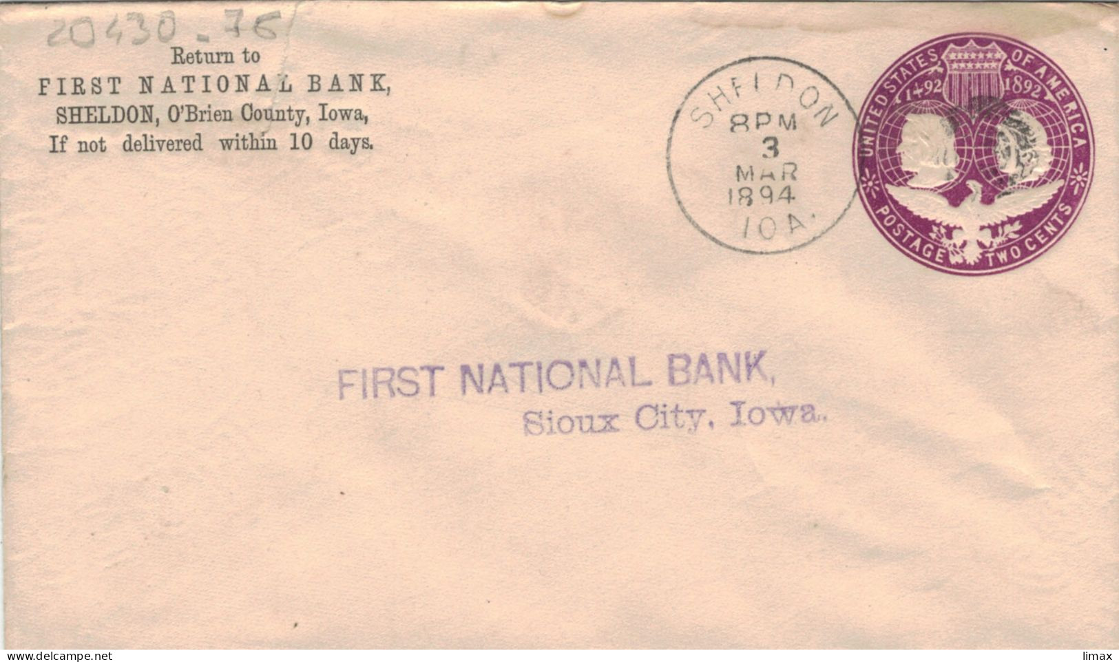 Ganzsache First National Bank Sheldon Iowa 1894 > Sioux City [prüfen FED] - ...-1900