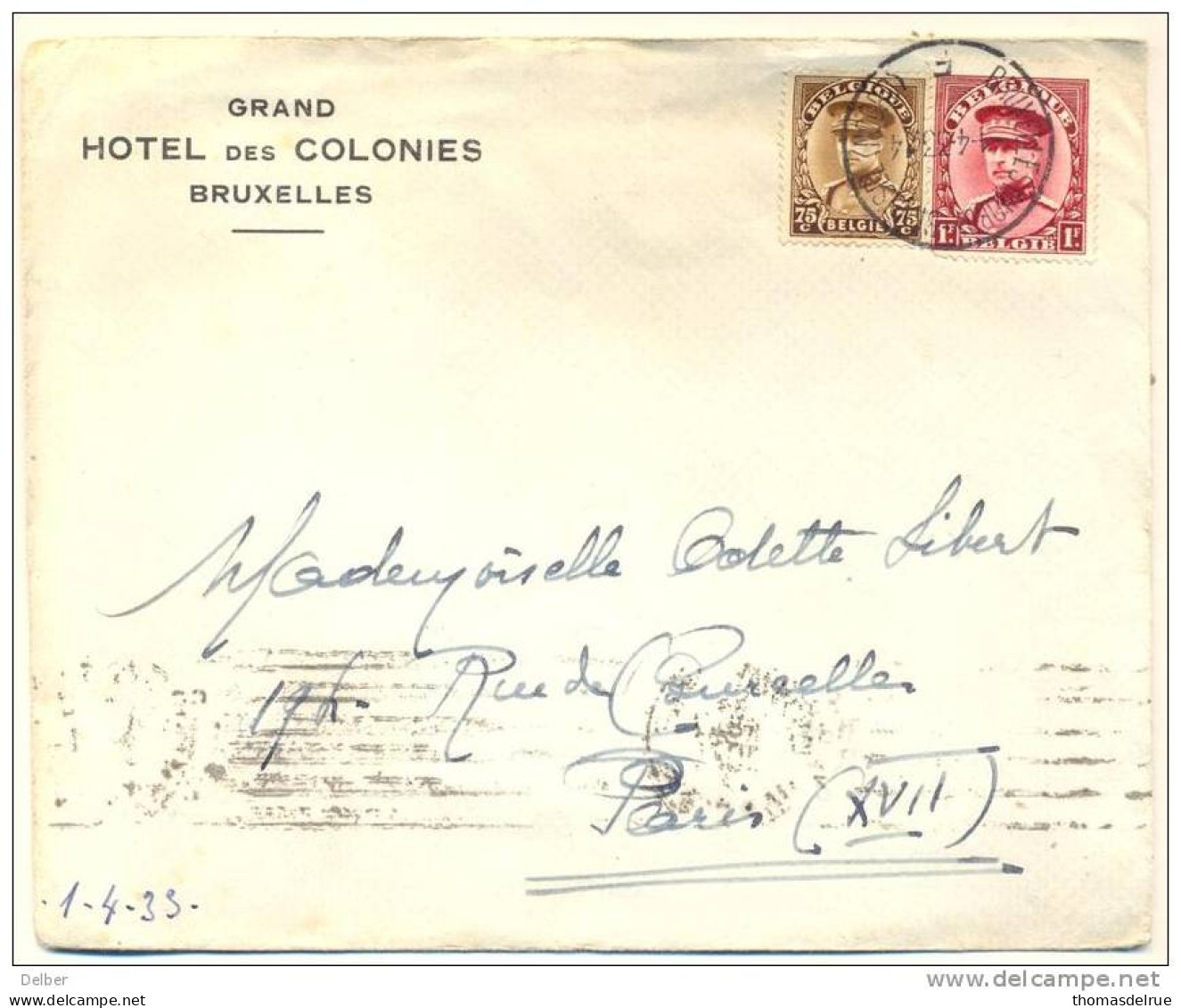 _2n429: Brief: N° 317+341: BRUXELLLES(NORD)-BRUSSEL(NOORD) 1-4-33 F: Grand HOTEL Dees COLONIES BRUXELLES > Paris(XVII).A - 1931-1934 Quepis