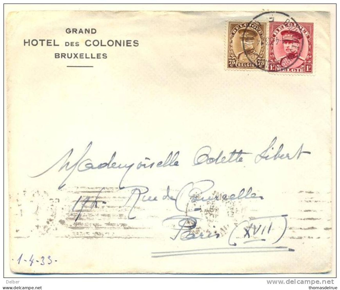 _2n429: Brief: N° 317+341: BRUXELLLES(NORD)-BRUSSEL(NOORD) 1-4-33 F: Grand HOTEL Dees COLONIES BRUXELLES > Paris(XVII).A - 1931-1934 Képi