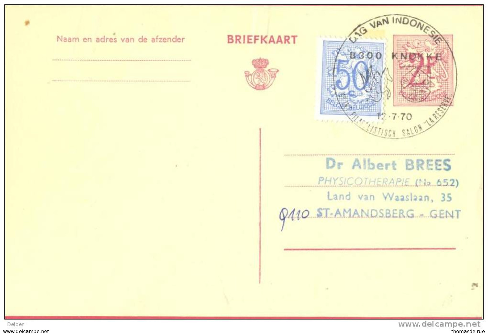 _ik449: BRIEFKAART 2,-F + 50c : DAG VAN INDONESIE 8600 KNOKKE  12.7.70 FILATELISTISH SALON " LA RESERVE" - Other & Unclassified