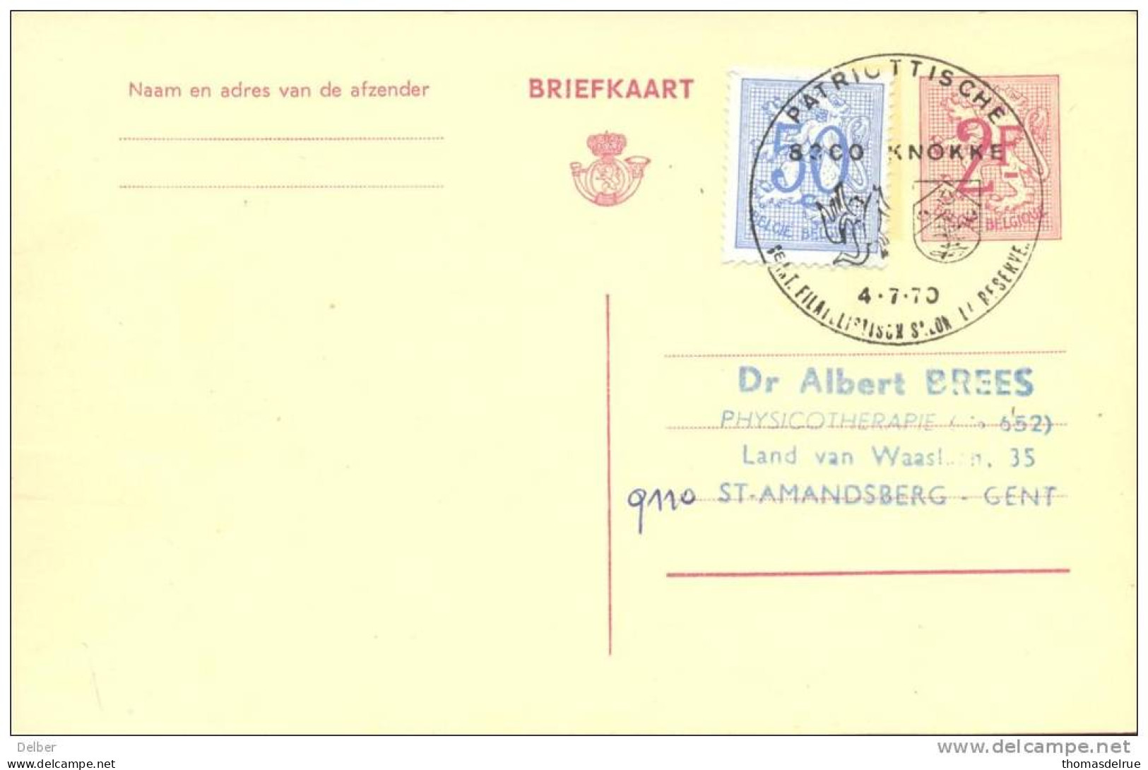 _ik447: BRIEFKAART 2,-F + 50c : PATRIOTTISCHE 8600 KNOKKE  4.7.70 FILATELISTISH SALON " LA RESERVE" - Sonstige & Ohne Zuordnung