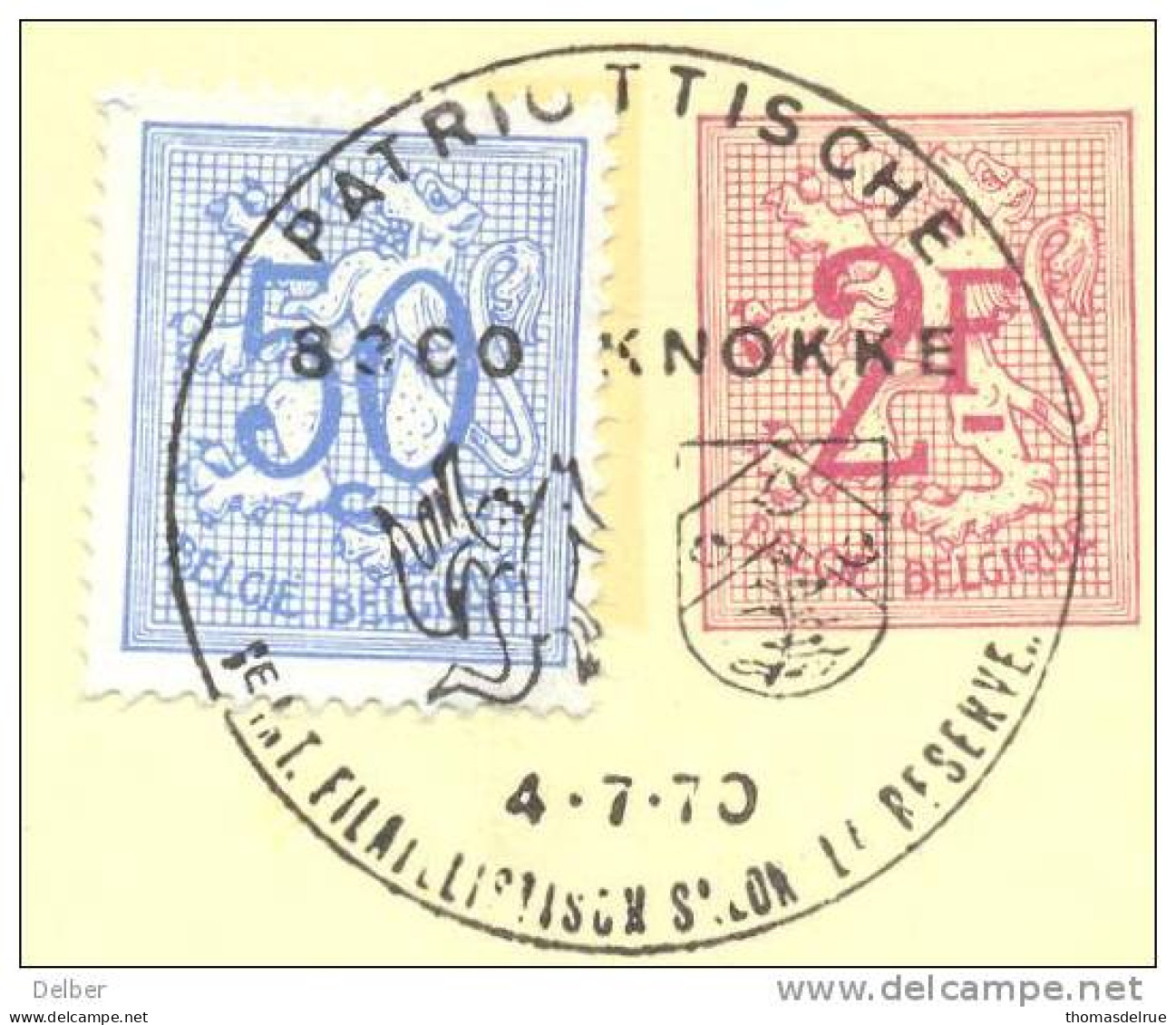 _ik447: BRIEFKAART 2,-F + 50c : PATRIOTTISCHE 8600 KNOKKE  4.7.70 FILATELISTISH SALON " LA RESERVE" - Otros & Sin Clasificación