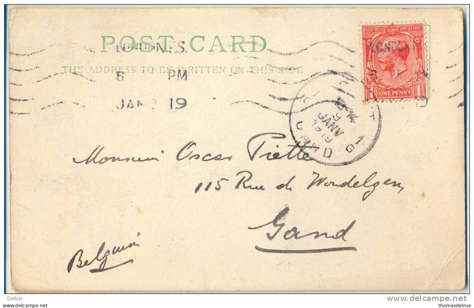 _Np689: Noodstempel 1G GENT 1G GAND 13-14 9 JANV 1919 ...franse Maand : Aankomststempel - Fortune Cancels (1919)